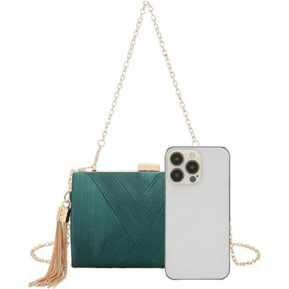 Women's Elegant Tassel Pendant Silk Evening Bag Clutch Green - Picture 5 of 6